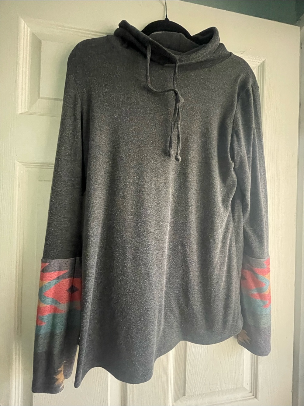 Cozy Gray Hoodie with Colorful Tribal Sleeve Accents